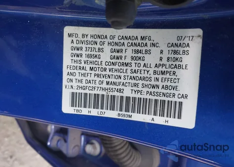 2017 Honda Civic Ex z USA, uszkodzony, nr VIN 2HGFC2F77HH557482